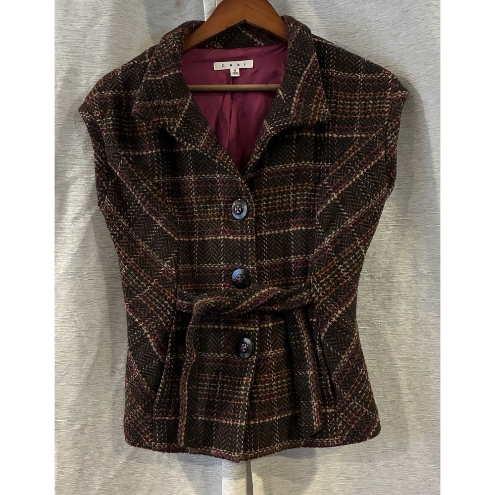 CAbi Tweed Plaid Cinch It Up Belted Vest Sleeveless Jacket Brown Small